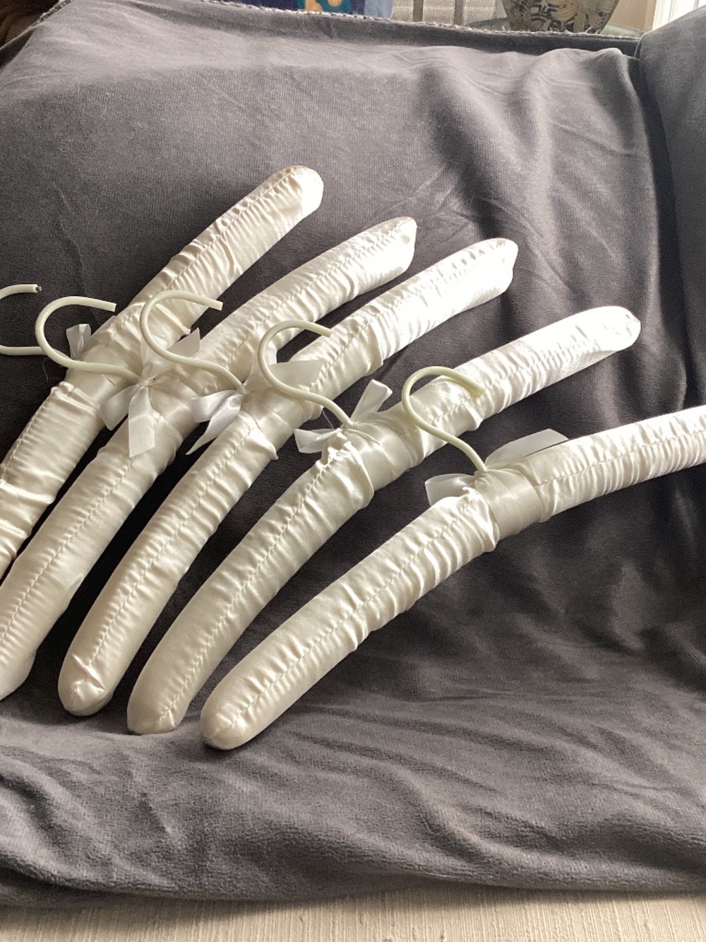 SET OF FIVE CREAM COLOR SATIN COVERED PADDED LONG HANGERS